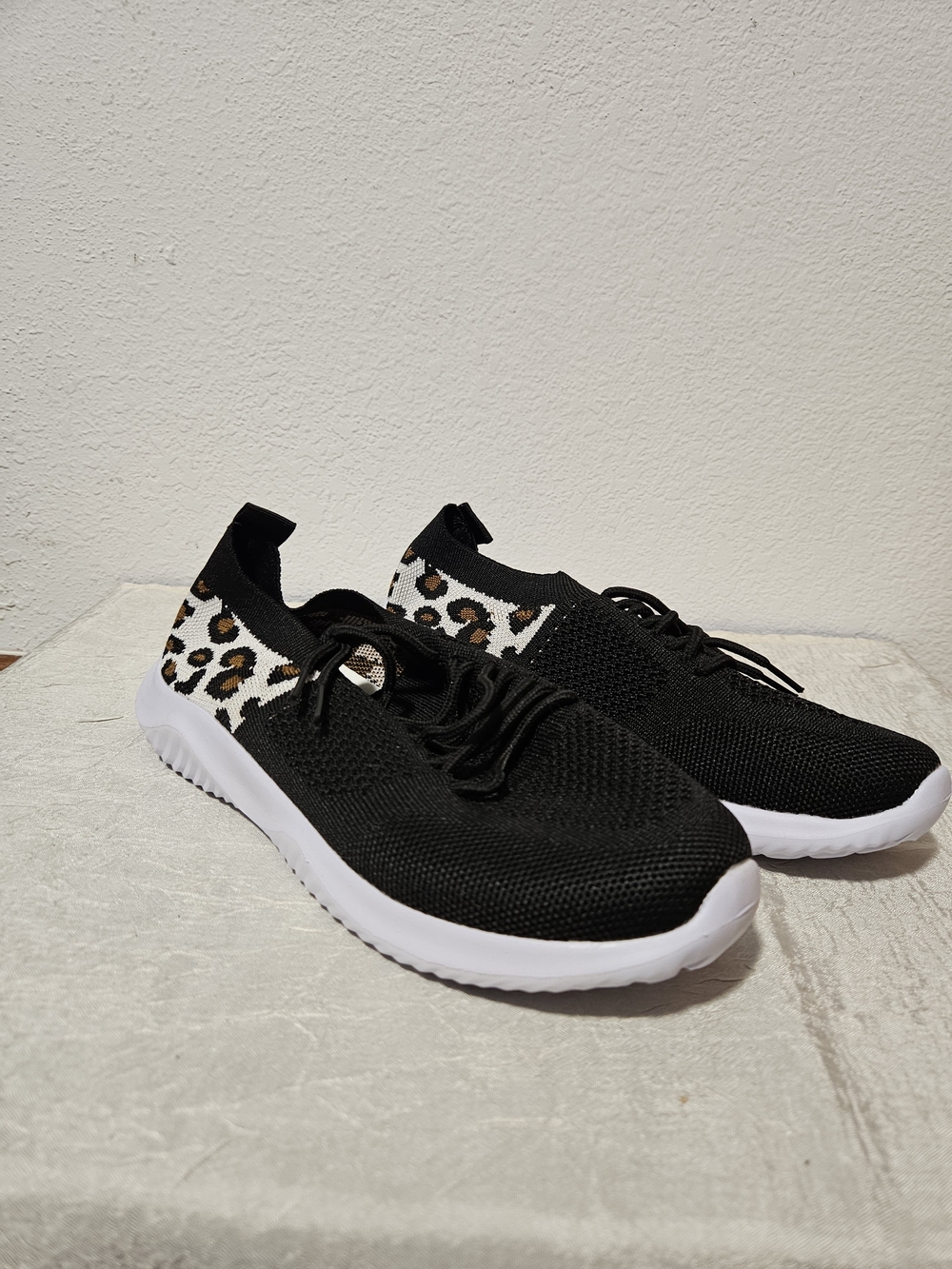 Women's Black Knit Lace-Up Sneakers with Leopard Accent